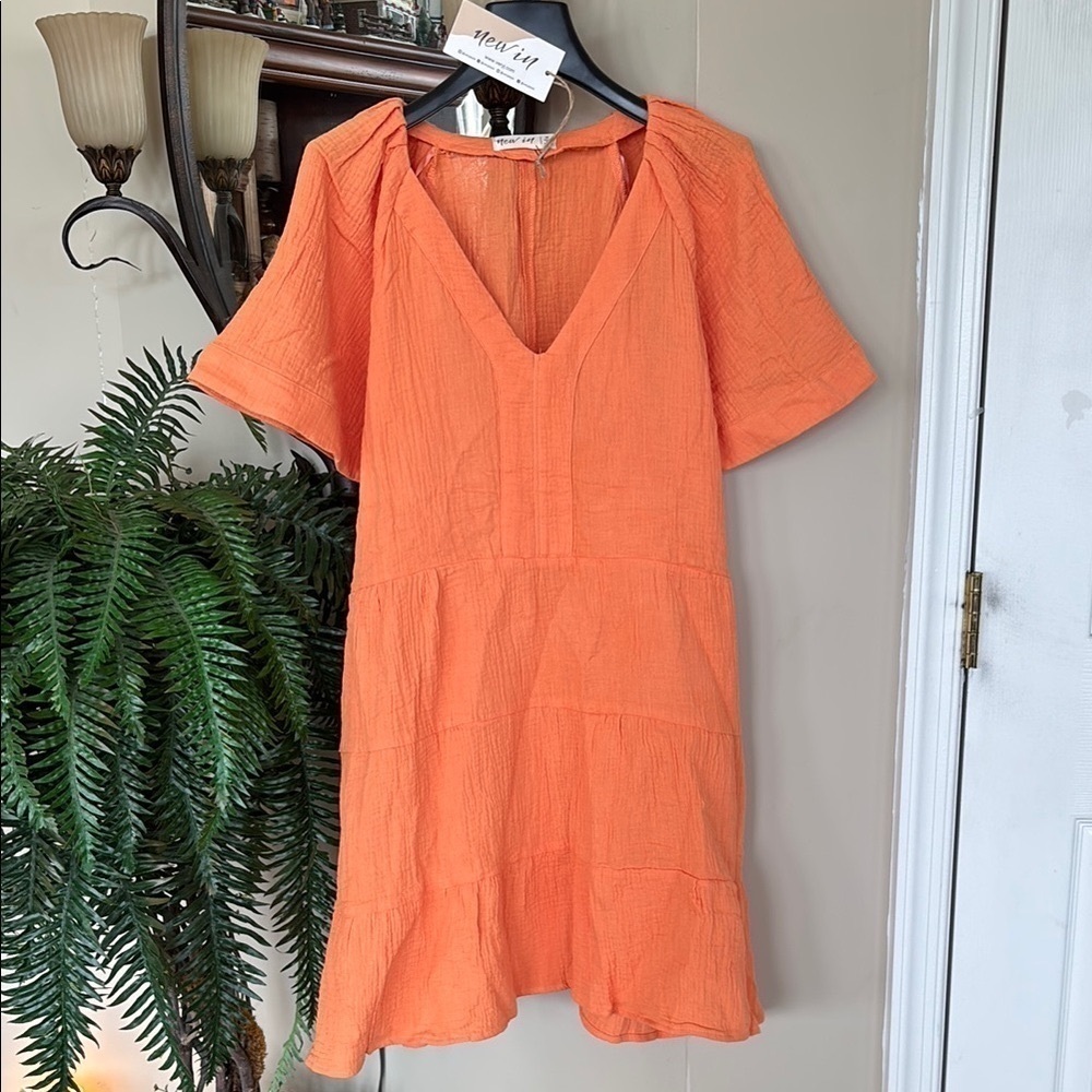 NWT New In Orange Tiered Slip Dress V-Neck Cotton Flowy Beach Tunic Boutique